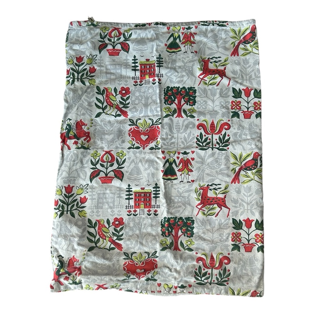 VTG Markwood Barkcloth 1940s Laundry Bag Pennsylvania Dutch Folk Art FLAWS READ